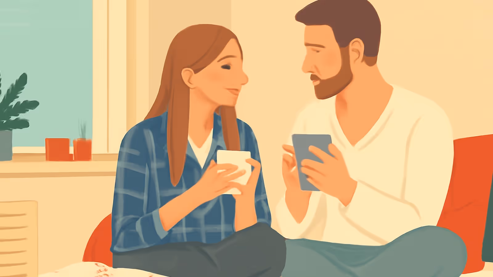 رسم توضيحي مسطح لشخصين يجلسان بالقرب من بعضهما البعض ويواجهان بعضهما، أحدهما ذو شعر طويل يرتدي قميصًا مزخرفًا بالأزرق ويحمل فنجانًا أبيض، والآخر ذو شعر قصير ولحية يرتدي سترة كريمية، مع نافذة ونبتة خلفهما، بألوان دافئة من الكريمي والبرتقالي والأخضر الفاتح.