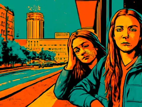 Pop-art illustration of two young women sitting beside a street, one resting her head against her hand.
