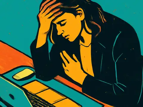 A woman sitting at a desk in front of an open laptop, one hand against her forehead and her eyes lowered, rendered as a flat teal and orange illustration.