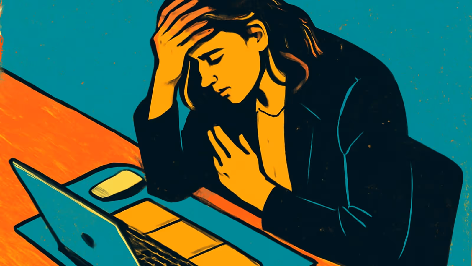 A woman sitting at a desk in front of an open laptop, one hand against her forehead and her eyes lowered, rendered as a flat teal and orange illustration.