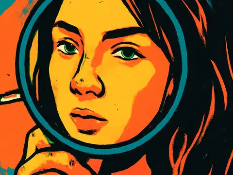 Pop-art illustration of a woman looking at her own face in a round hand mirror.