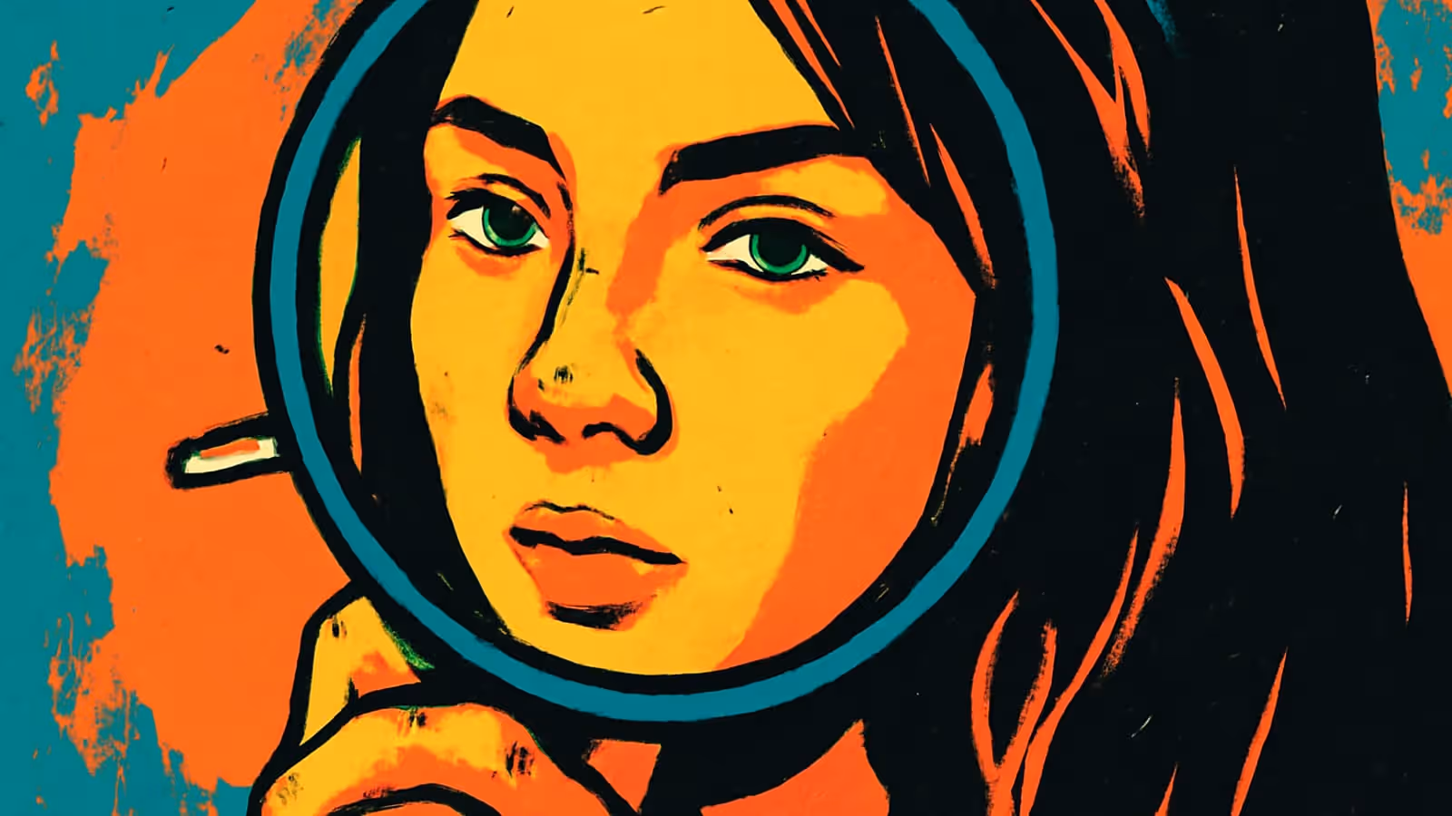 Pop-art illustration of a woman looking at her own face in a round hand mirror.