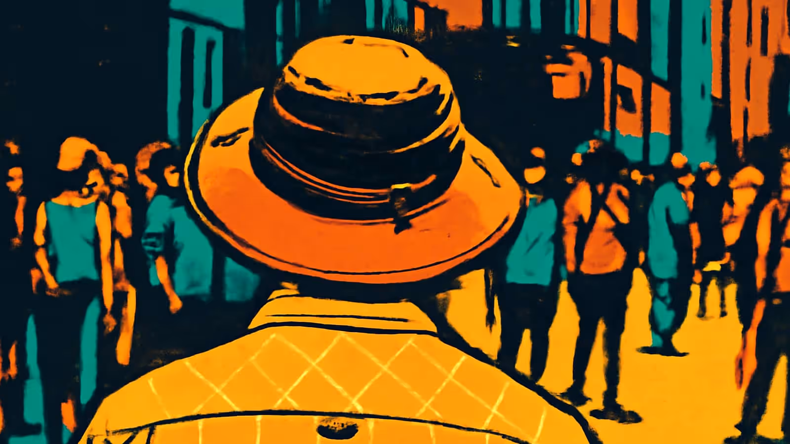 Pop-art illustration seen from behind of a person in a wide-brimmed hat and checked shirt facing a crowded street of people, in orange and teal.