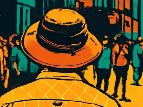 Pop-art illustration seen from behind of a person in a wide-brimmed hat and checked shirt facing a crowded street of people, in orange and teal.