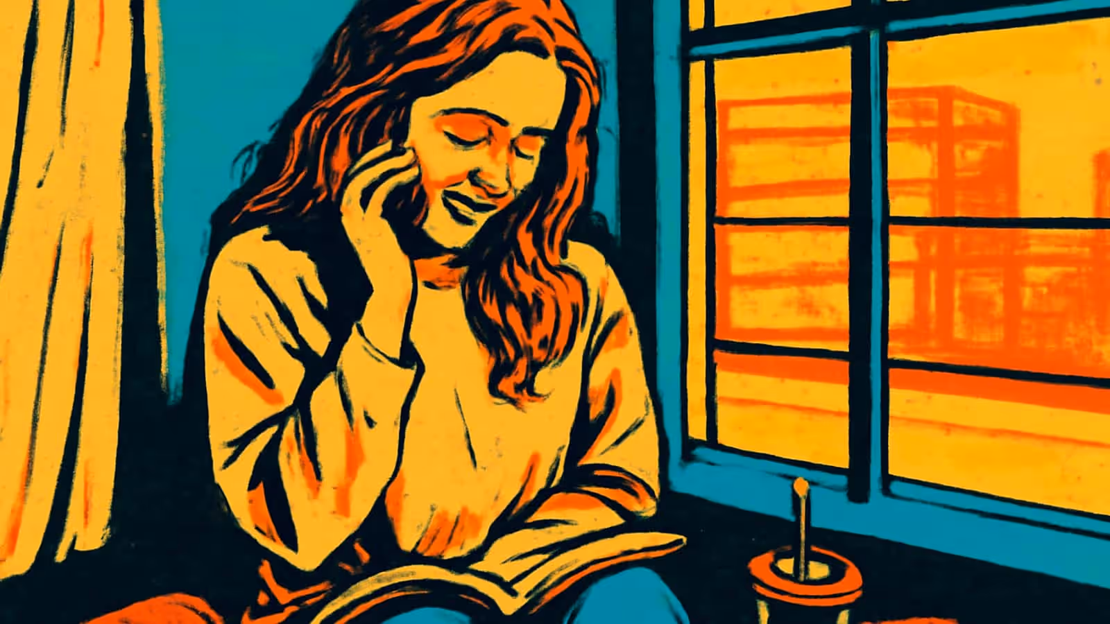 Pop-art illustration of a woman sitting by a window with an open book on her lap, smiling as she holds a phone to her ear.