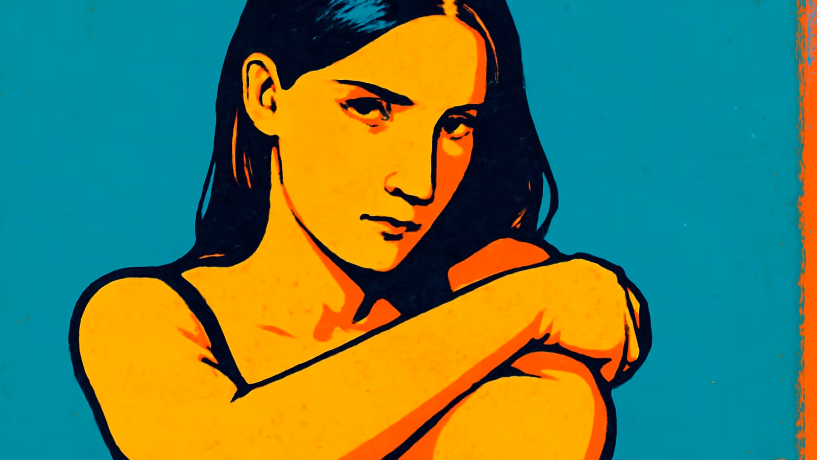 Ilustración de pop-art de una mujer joven con cabello oscuro, brazos cruzados, mirando fijamente a la cámara con una expresión tranquila y serena sobre un fondo verde azulado.