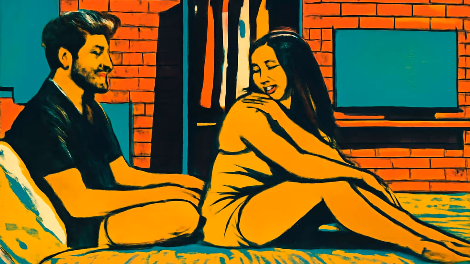 Pop-art illustration of a man and a woman sitting on a bed in a brick-walled room, the woman turned toward him and smiling.