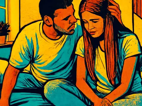 Pop-art illustration of a man and a woman sitting close together on a bed, both looking downward.