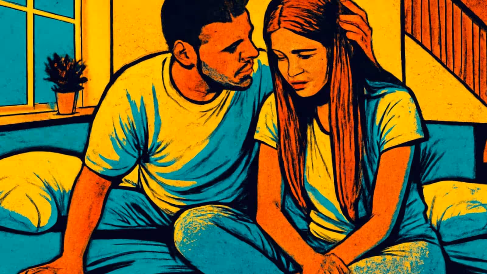 Pop-Art-Illustration eines Mannes und einer Frau, die eng zusammen auf einem Bett sitzen und beide nach unten schauen.