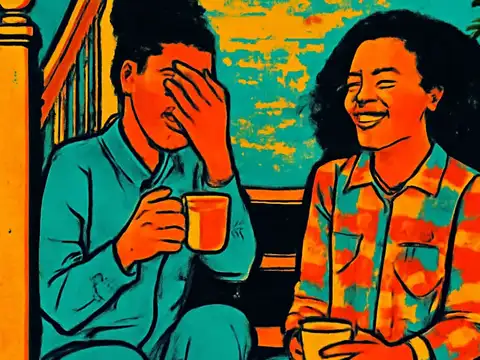 Pop-art illustration of two people sitting side by side on steps and laughing, one with a hand over their face and a mug in the other hand, the other with long curly hair in a checked shirt holding a mug, in teal, orange and yellow.