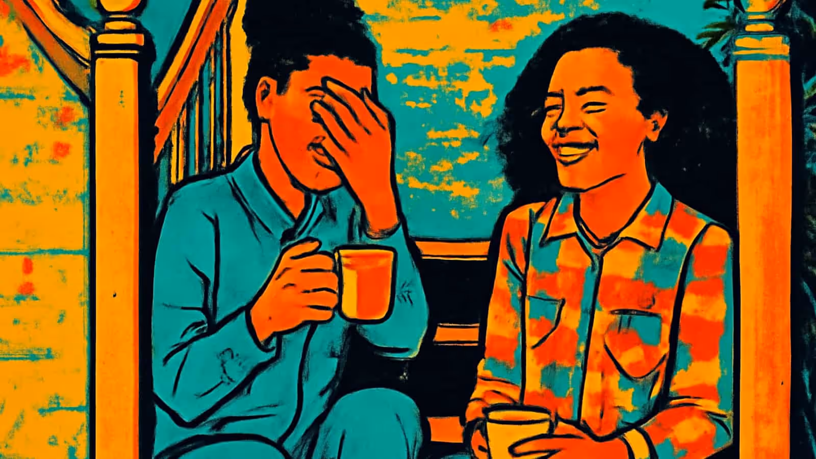 رسم توضيحي بأسلوب البوب آرت لشخصين يجلسان جنبًا إلى جنب على الدرج ويضحكان، أحدهما يضع يده على وجهه وكوب في اليد الأخرى، والآخر ذو شعر مجعد طويل يرتدي قميصًا مخططًا يحمل كوبًا، بألوان التركواز والبرتقالي والأصفر.