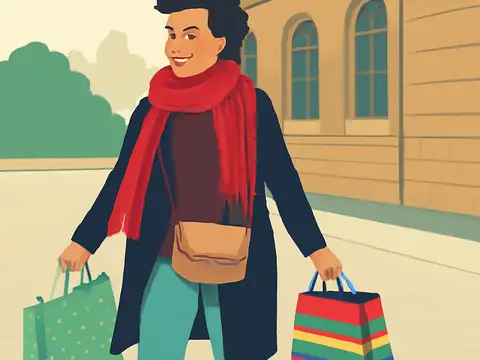Flat vector illustration of a woman in a coat and red scarf walking along a pavement carrying two unbranded shopping bags.