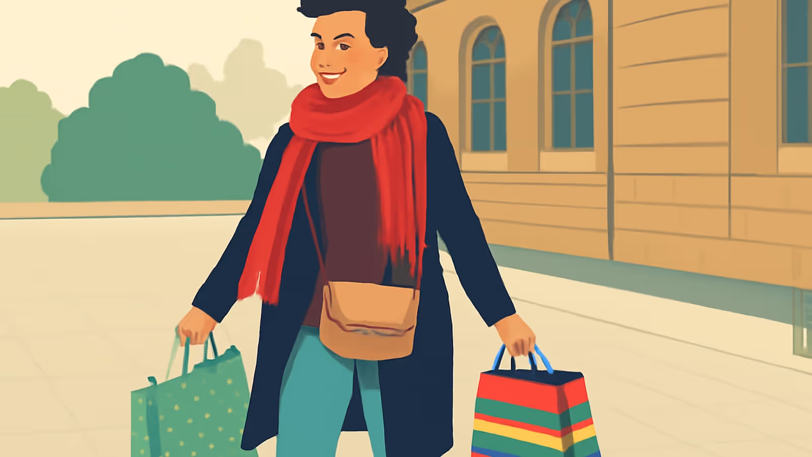 Ilustração vetorial plana de uma mulher com um casaco e um cachecol vermelho caminhando pela calçada carregando duas sacolas de compras sem marca.