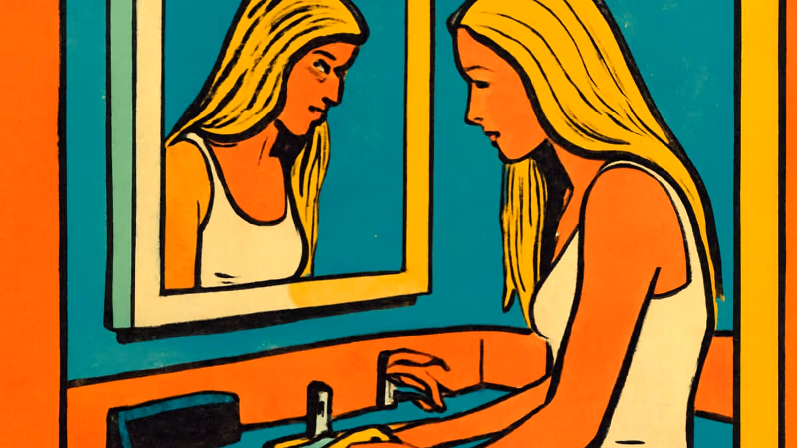 Pop-art illustration of a woman standing at a bathroom sink looking down, her reflection visible in the mirror above.
