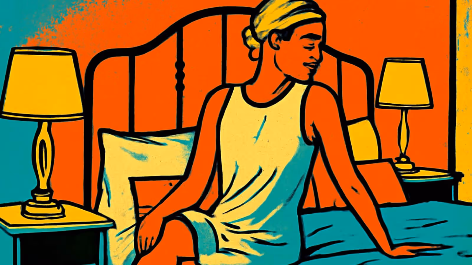 Pop-art illustration of a person sitting on the edge of a bed between two lit bedside lamps, looking down.