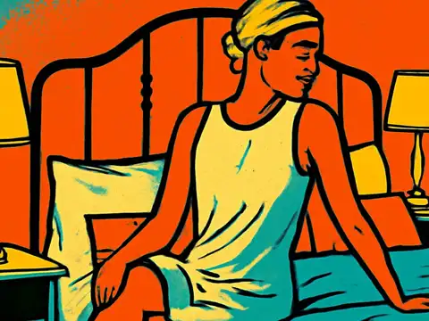 Pop-art illustration of a person sitting on the edge of a bed between two lit bedside lamps, looking down.