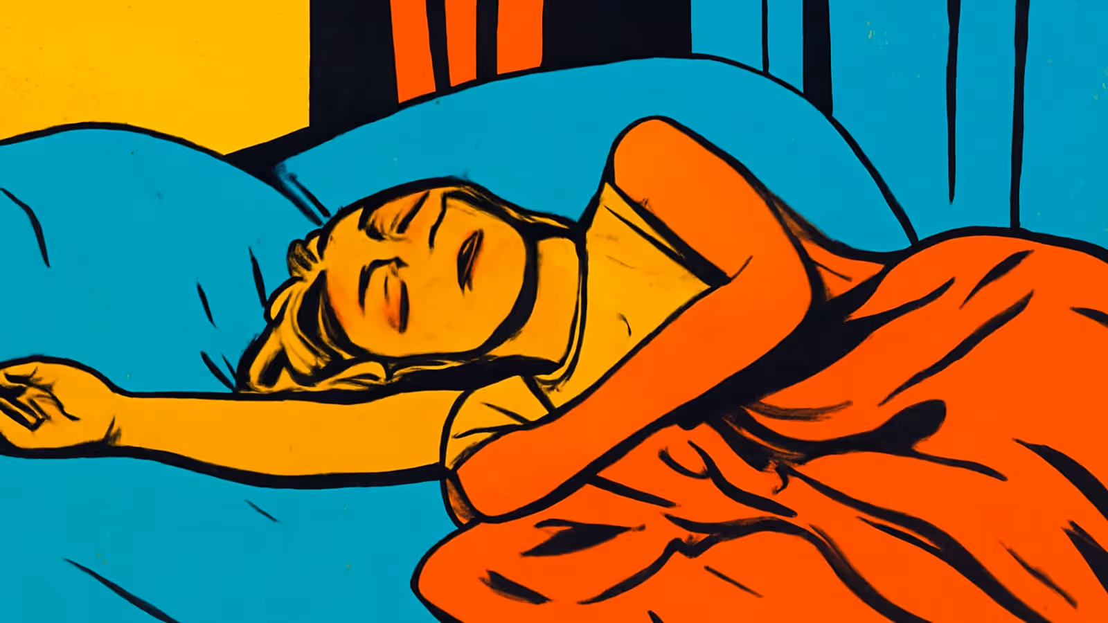A person lying on their side in bed with their eyes closed, one arm stretched out across a pale blue pillow and orange bedding pulled over them, rendered as a flat orange, yellow and teal illustration.
