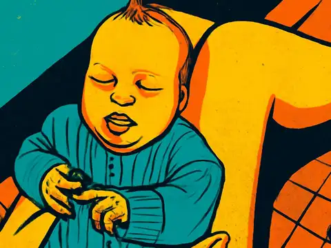 Pop-art illustration of a baby in a sleepsuit resting across an adult lap, eyes closed.