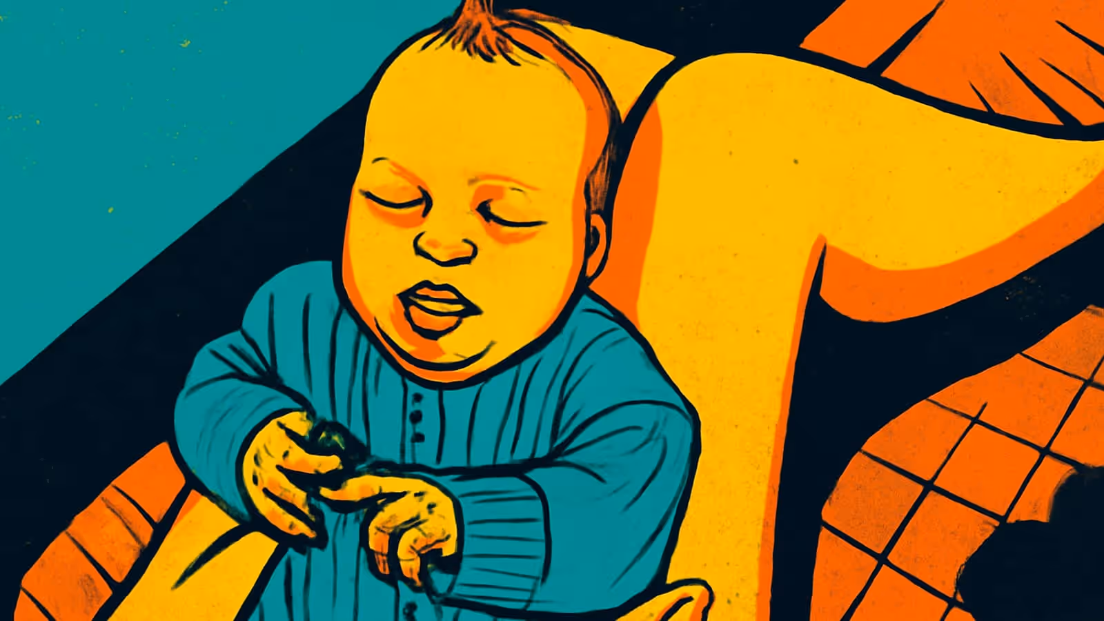 Pop-art illustration of a baby in a sleepsuit resting across an adult lap, eyes closed.