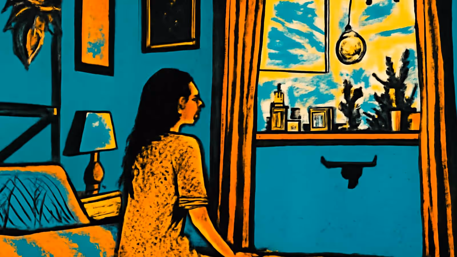 A flat illustration of a person standing beside a bed in a teal bedroom, turned towards a window with plants and small objects along the sill.