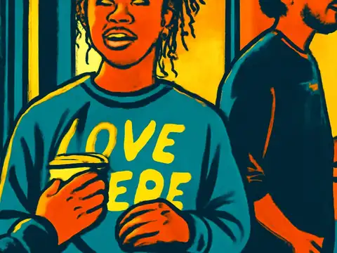 Pop-art illustration of a young woman holding a cup at a gathering as other people move around her.