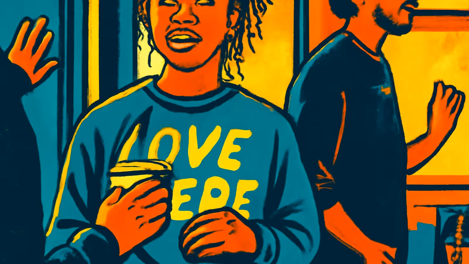 Pop-art illustration of a young woman holding a cup at a gathering as other people move around her.