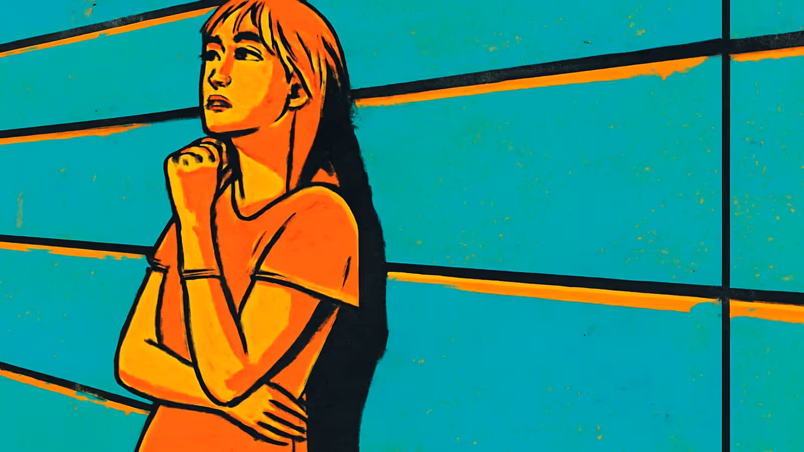 Pop-art illustration of a person with long hair standing against a tiled wall, arms folded and one hand at the chin, looking up and away from the viewer.