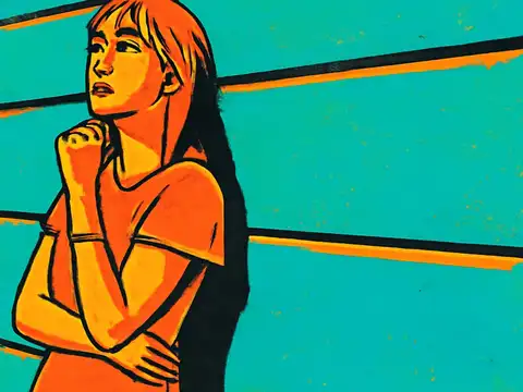 Pop-art illustration of a person with long hair standing against a tiled wall, arms folded and one hand at the chin, looking up and away from the viewer.
