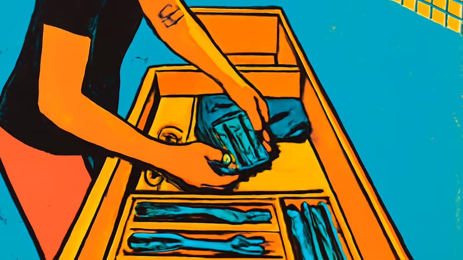 Pop-art illustration of a woman putting her phone away in a drawer.
