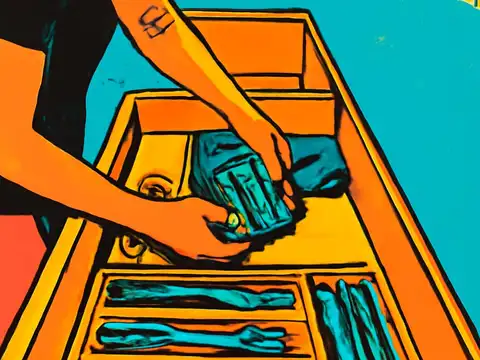 Pop-art illustration of a woman putting her phone away in a drawer.