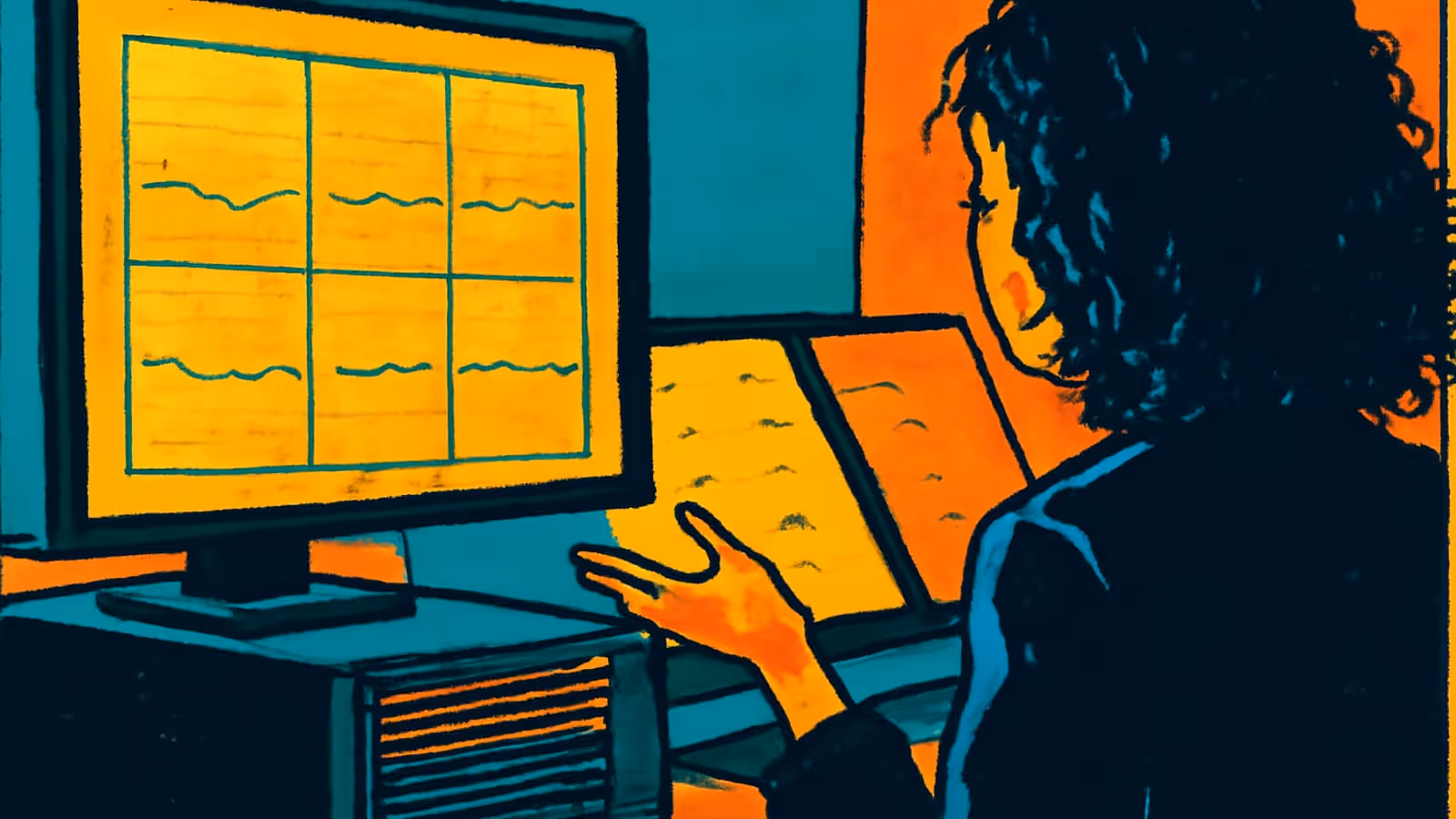 Pop-art illustration of a woman reviewing charts on a screen.