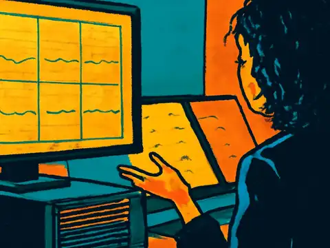 Pop-art illustration of a woman reviewing charts on a screen.
