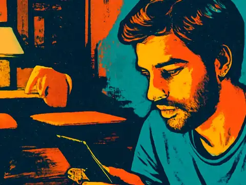 Pop-art illustration of a young man absorbed in his phone in a dark room.