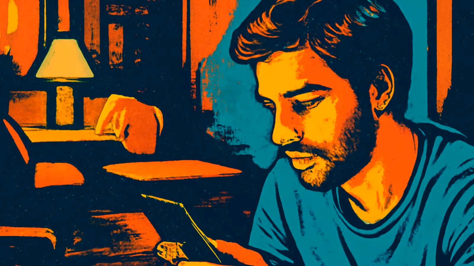 Pop-art illustration of a young man absorbed in his phone in a dark room.