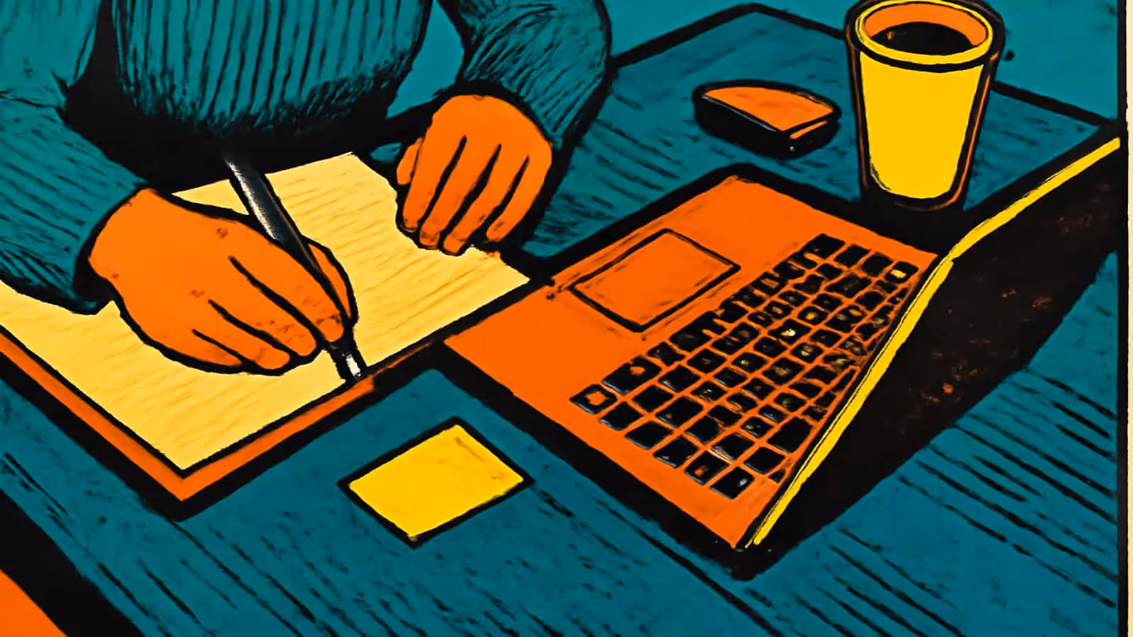 Pop-art illustration of a pair of hands writing on a notepad beside a laptop and a cup of coffee.