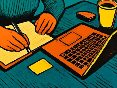Pop-art illustration of a pair of hands writing on a notepad beside a laptop and a cup of coffee.