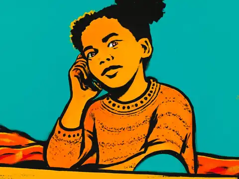 Pop-art illustration of a young girl sitting on a bed holding a phone to her ear.