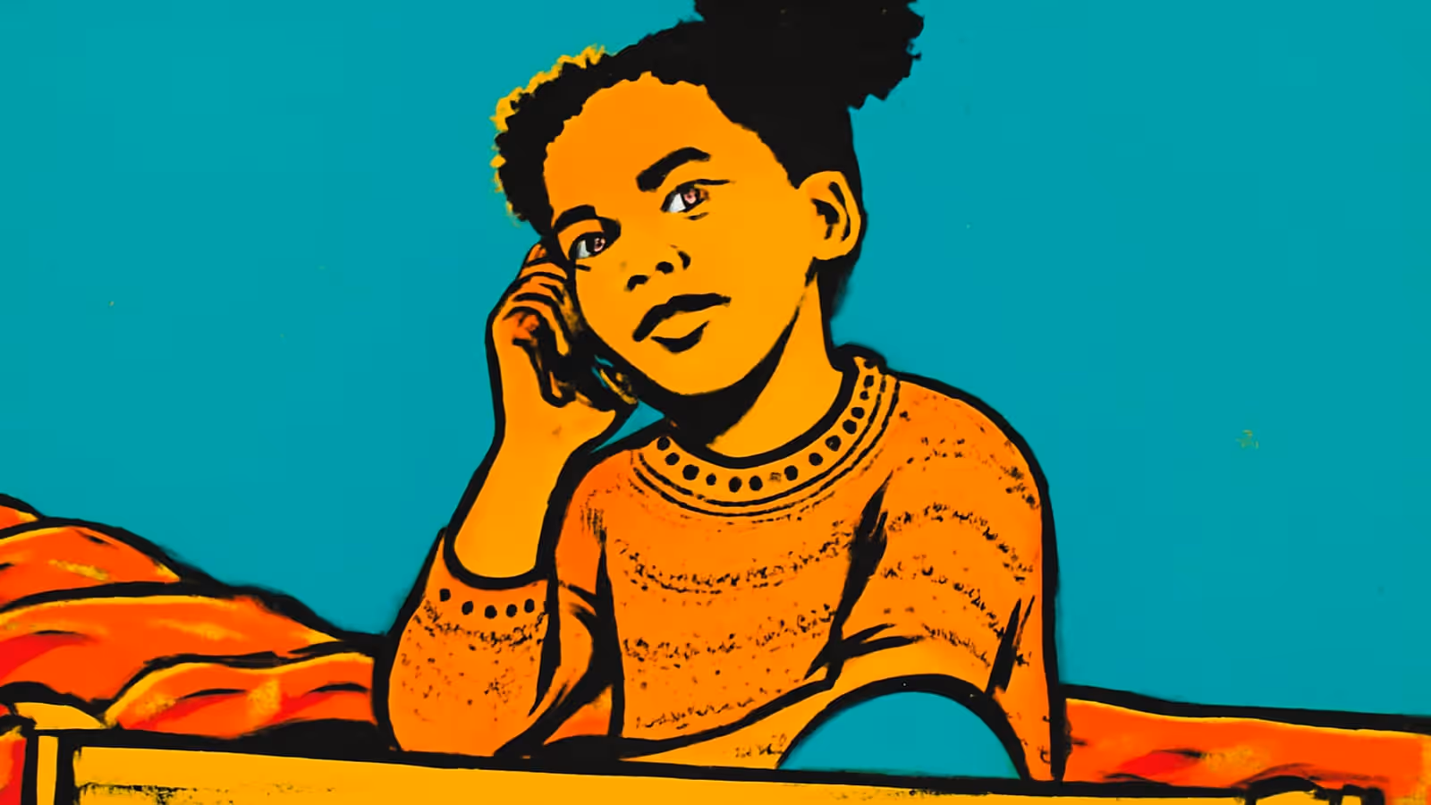 Pop-art illustration of a young girl sitting on a bed holding a phone to her ear.