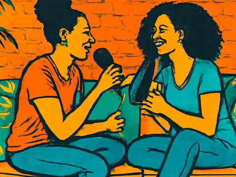 Pop-art illustration of two women sitting cross-legged on a sofa, talking and laughing.