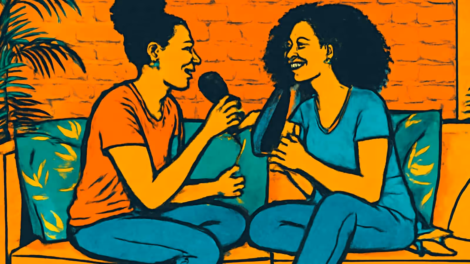 Pop-art illustration of two women sitting cross-legged on a sofa, talking and laughing.