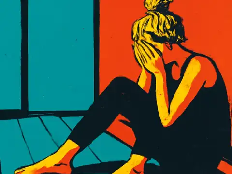 Pop-art illustration of a woman sitting on the floor with her knees up and her head lowered.
