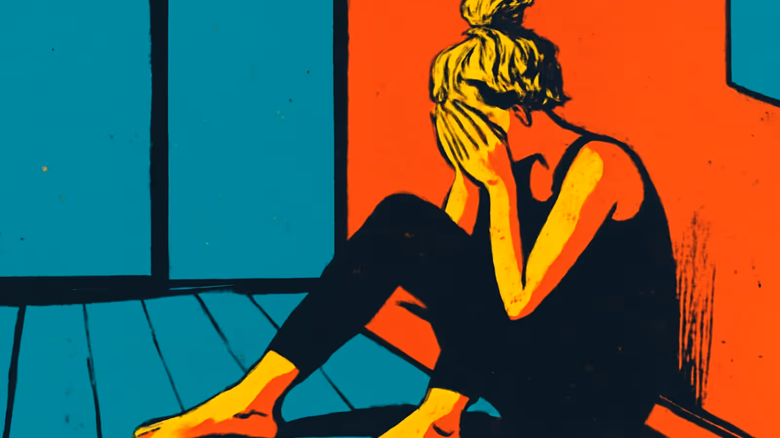Pop-art illustration of a woman sitting on the floor with her knees up and her head lowered.