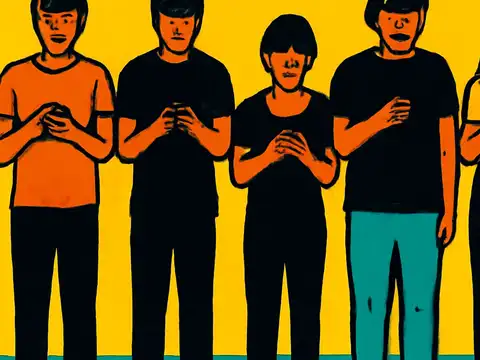 Pop-art illustration of a group of friends each looking at a phone.