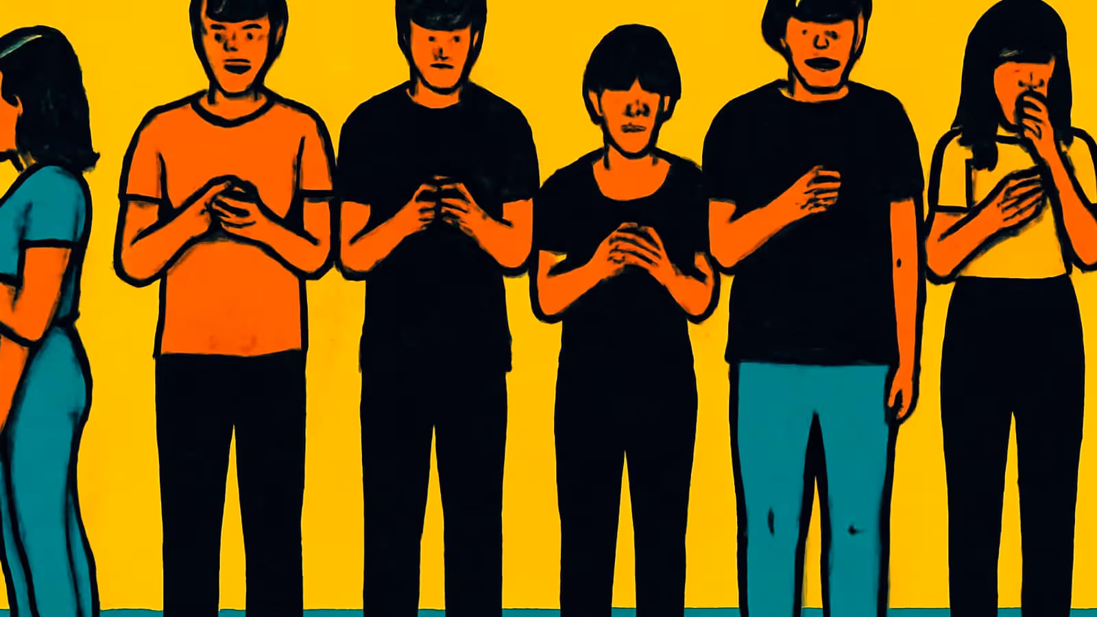 Pop-art illustration of a group of friends each looking at a phone.