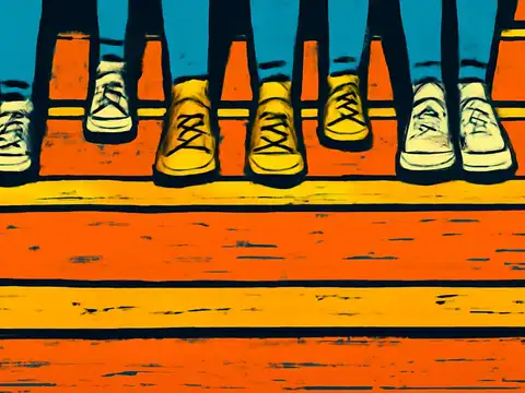 Pop-art illustration of several people sitting side by side on a step, seen from the knees down.