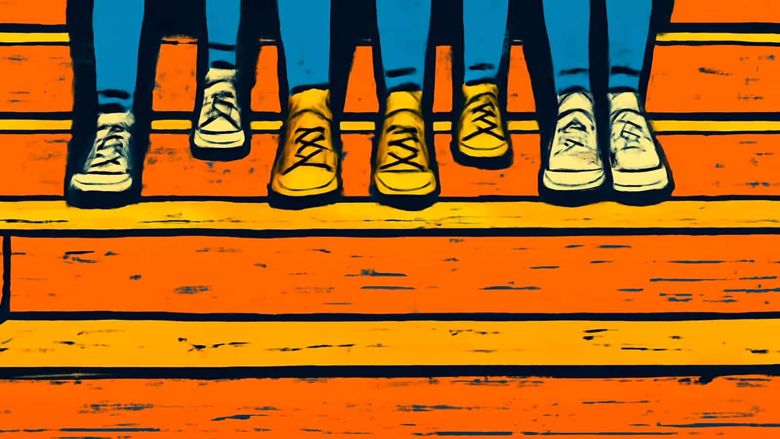 Pop-art illustration of several people sitting side by side on a step, seen from the knees down.