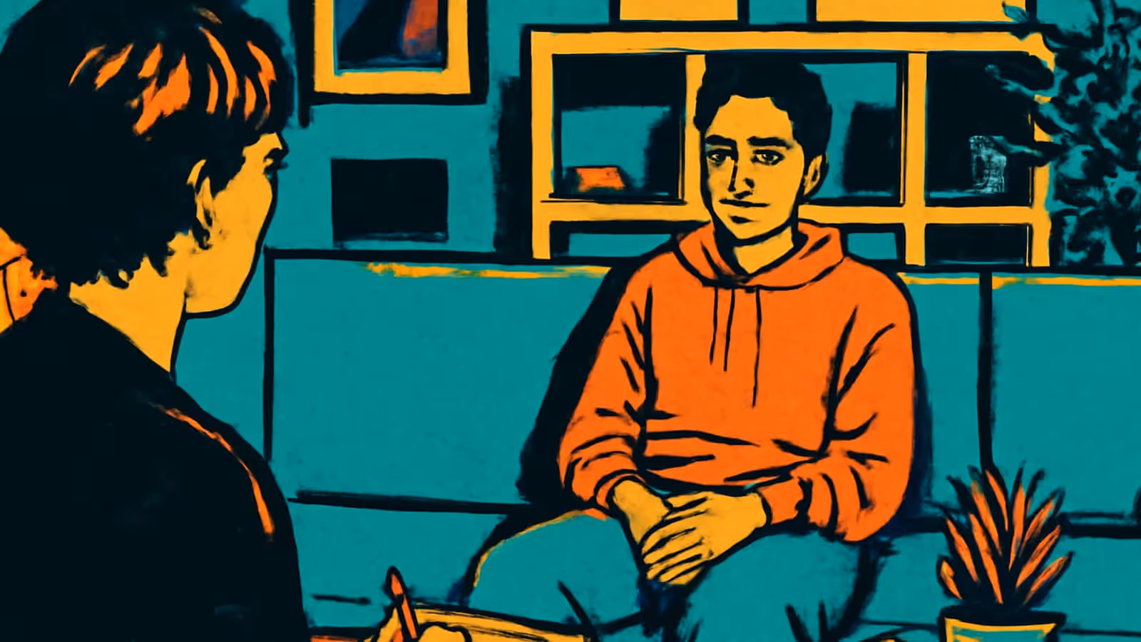 Pop-art illustration of a therapist and a young person in a session.