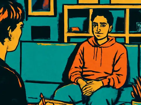 Pop-art illustration of a therapist and a young person in a session.