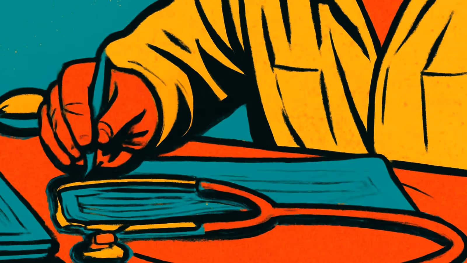 Pop-art illustration of a hand writing on a pad beside a stethoscope on a desk.