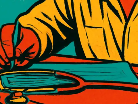Pop-art illustration of a hand writing on a pad beside a stethoscope on a desk.